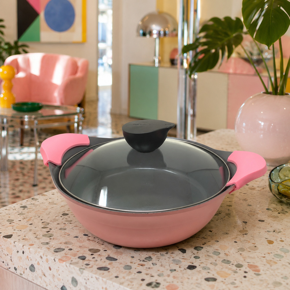Neoflam Pink Enamel Dutch Oven Stock Pot Glass Lid Silicone Handles Korea